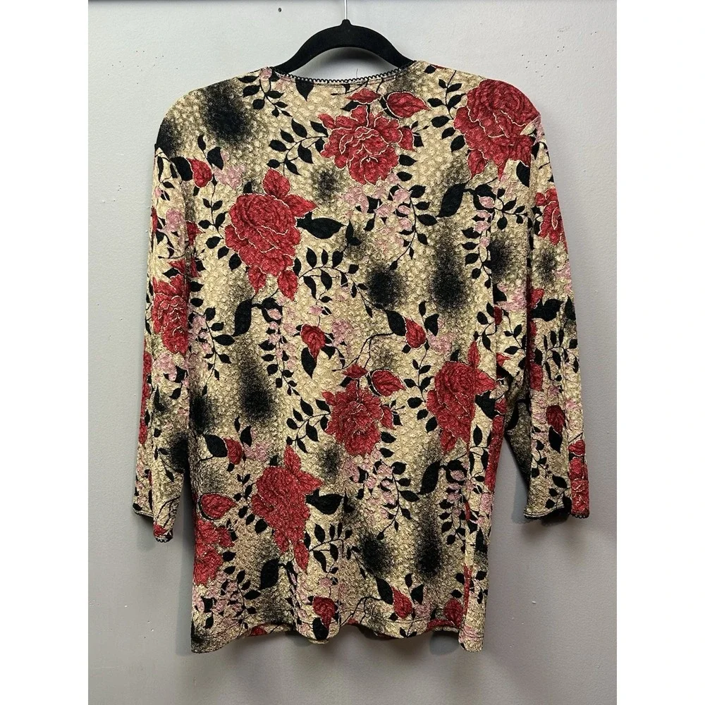 East5th Blouse Womens XL Gold Red Floral Faux Wrap Metallic Textured 3/4 Sleeve - Picture 2 of 8